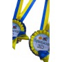 Желто-синяя медаль первоклассницы с колокольчиком на ленте